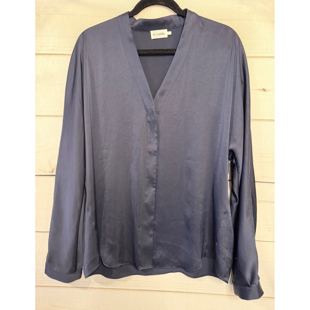 R LABEL Women's Navy Blue Silky V-Neck Long Sleeve Blouse Top Size L‎